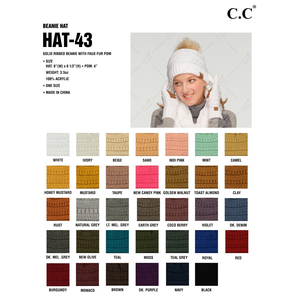 C.C HAT-43 Solid Ribbed Knit Faux Fur Pom Beanie. - One size fits most - 100% Acrylic view 4