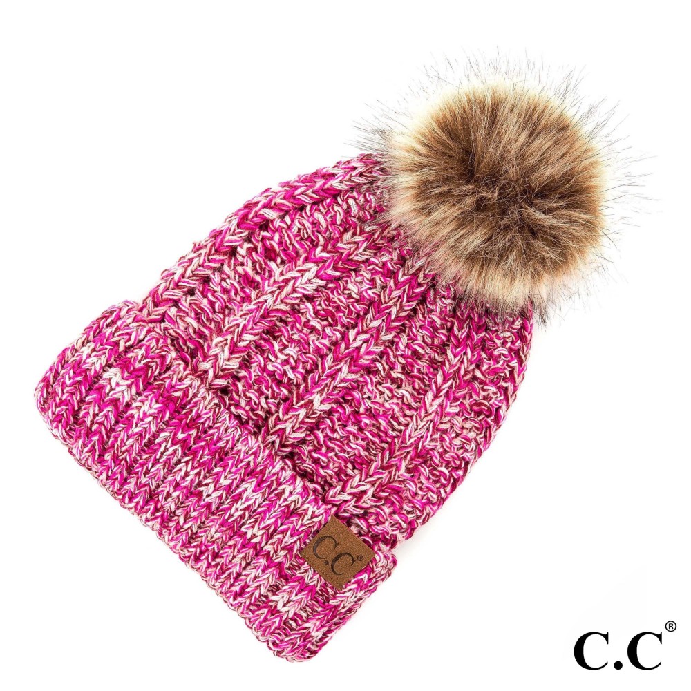 C.C YJ-820 MIX Chunky Knit Fuzzy Lined Faux Fur Pom Beanie. - 100% Acrylic - One size fits most view 2