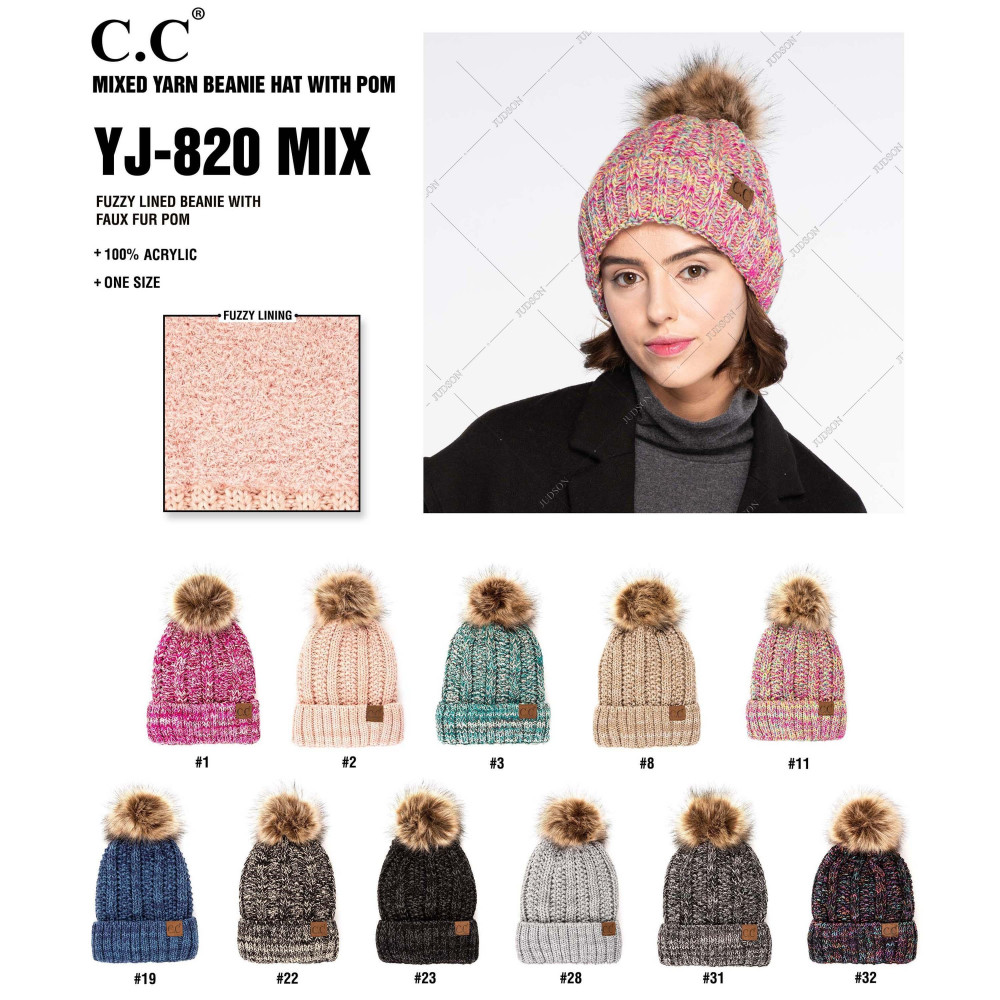 C.C YJ-820 MIX Chunky Knit Fuzzy Lined Faux Fur Pom Beanie. - 100% Acrylic - One size fits most view 4
