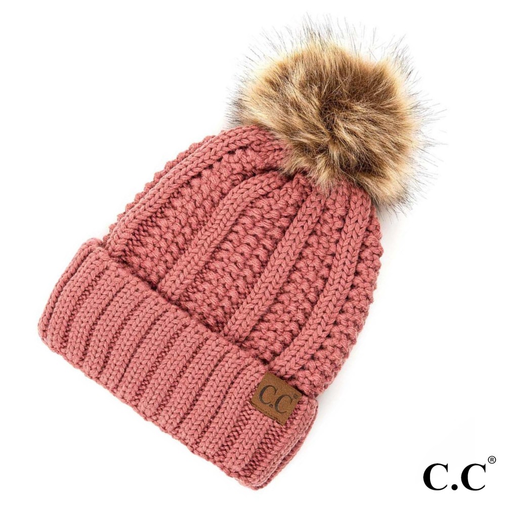 C.C YJ-820 Fuzzy Lined Knit Beanie With Faux Fur Pom - One Size - 100% Acrylic view 2