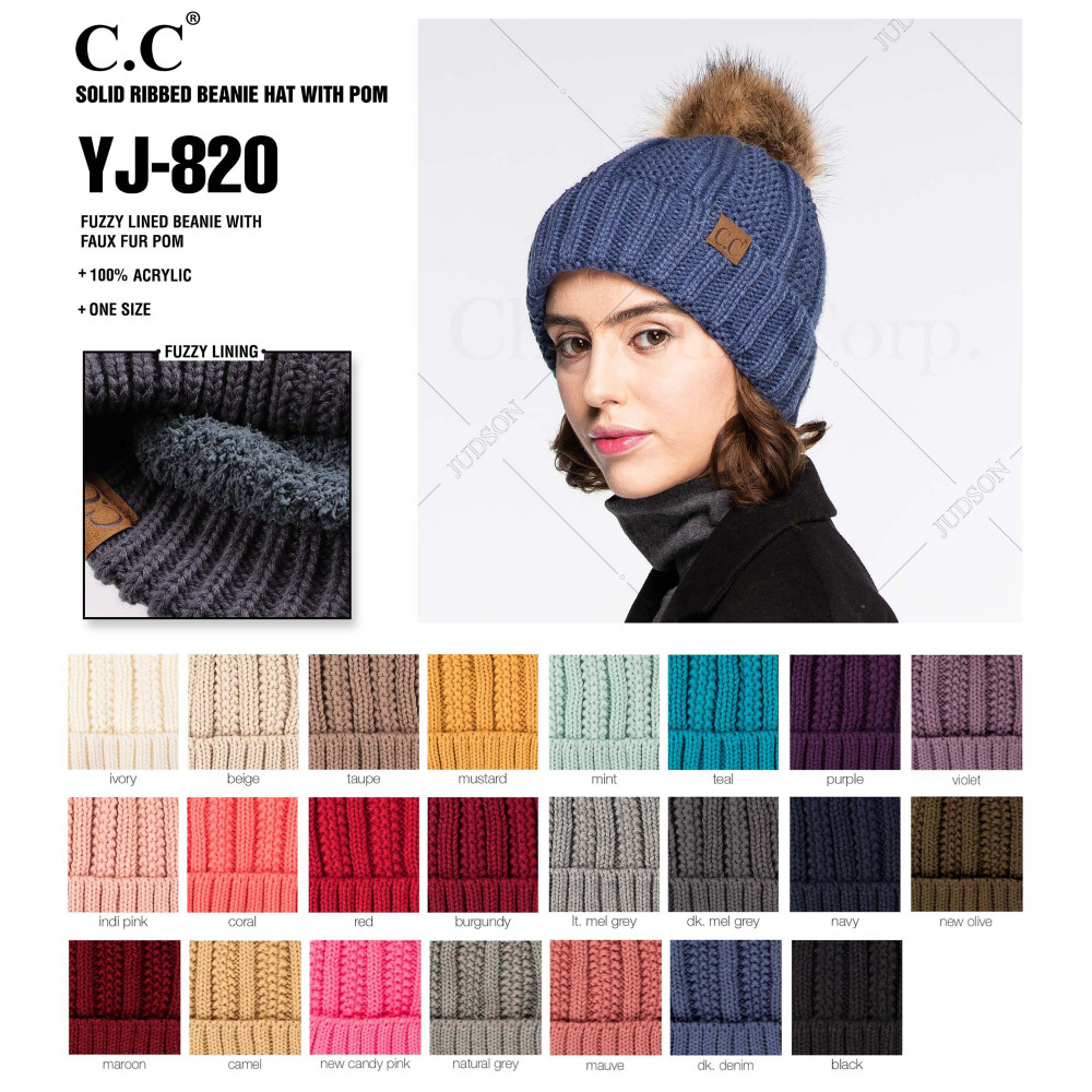 C.C YJ-820 Fuzzy Lined Knit Beanie With Faux Fur Pom - One Size - 100% Acrylic view 4