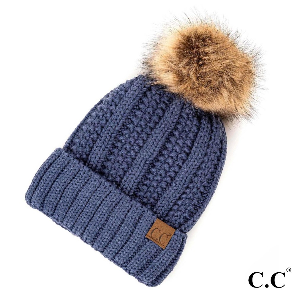 C.C YJ-820 Fuzzy Lined Knit Beanie With Faux Fur Pom - One Size - 100% Acrylic view 2