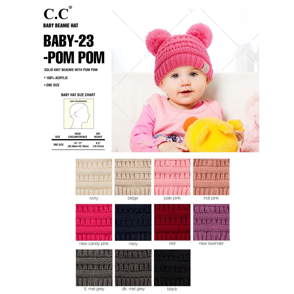 C.C BABY-23 Solid knit baby beanie with pom pom - 100% Acrylic - Band circumference is approximately: 9" unstretched 17" stretched - Approximately 6.5" long from crown to band - Fit varies based on child's head height and shape view 4