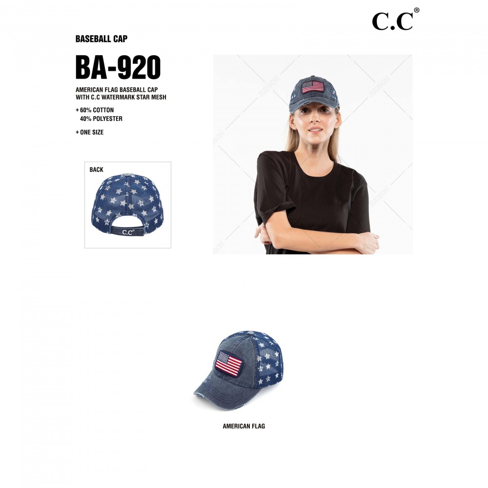 C.C BA-920-FLAG American Flag Vintage Baseball Cap with Mesh Back and Star Details - One size fits most - Adjustable Velcro Closure - 60% Cotton / 40% Polyester view 6