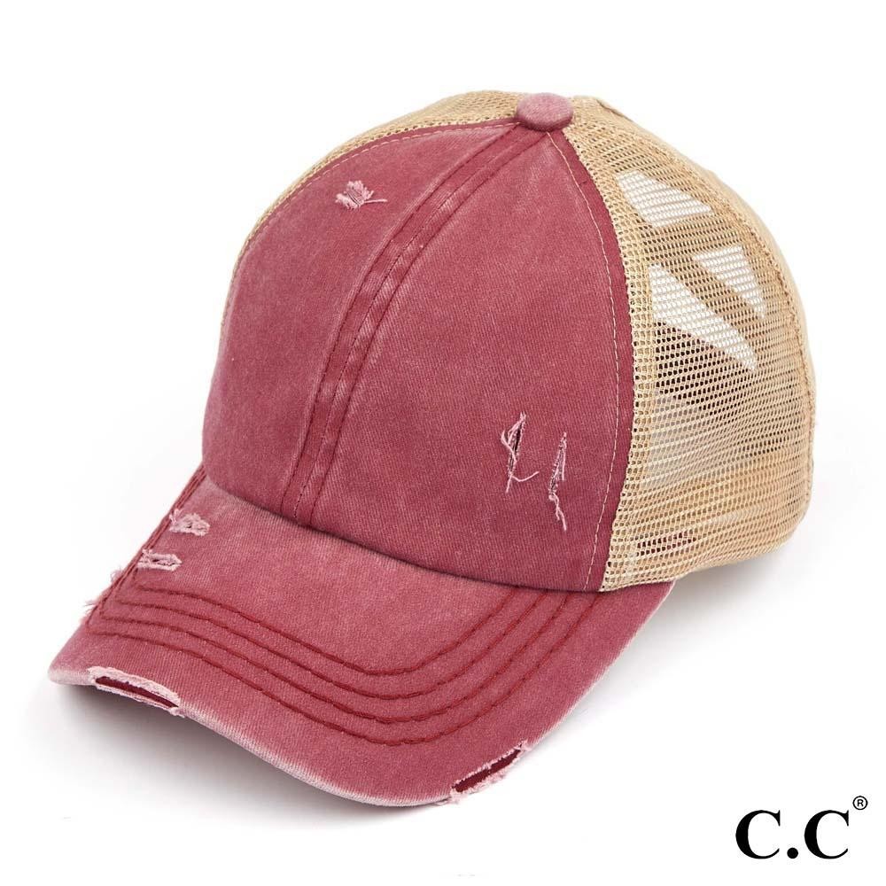 C.C BT-780 Distressed Criss-Cross Pony Cap - One Size Fits Most - Criss-Cross Pony Tail Opening - Adjustable Velcro Closure - 60% Cotton 40% Polyester view 2
