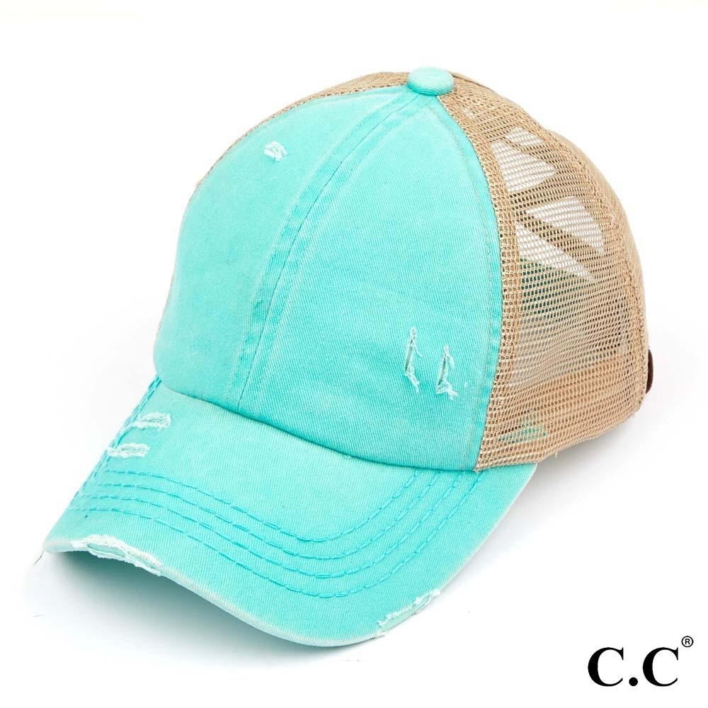 C.C BT-780 Distressed Criss-Cross Pony Cap - One Size Fits Most - Criss-Cross Pony Tail Opening - Adjustable Velcro Closure - 60% Cotton 40% Polyester view 2