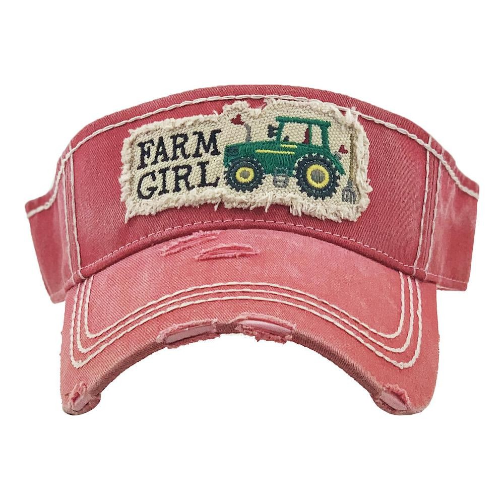 Farm Girl Tractor Embroidered Distressed Sun Visor. - One size fits most - Adjustable Velcro Closure - 100% Cotton view 2