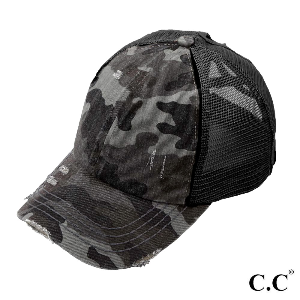 C.C BT-783 Vintage Distressed Camouflage Criss-Cross High PonyTail Cap with Mesh Back. - Elastic Criss Cross Back Feature - Can Be Worn Multiple Ways - Adjustable Velcro Closure - One size fits most - 60% Cotton / 40% Polyester view 2