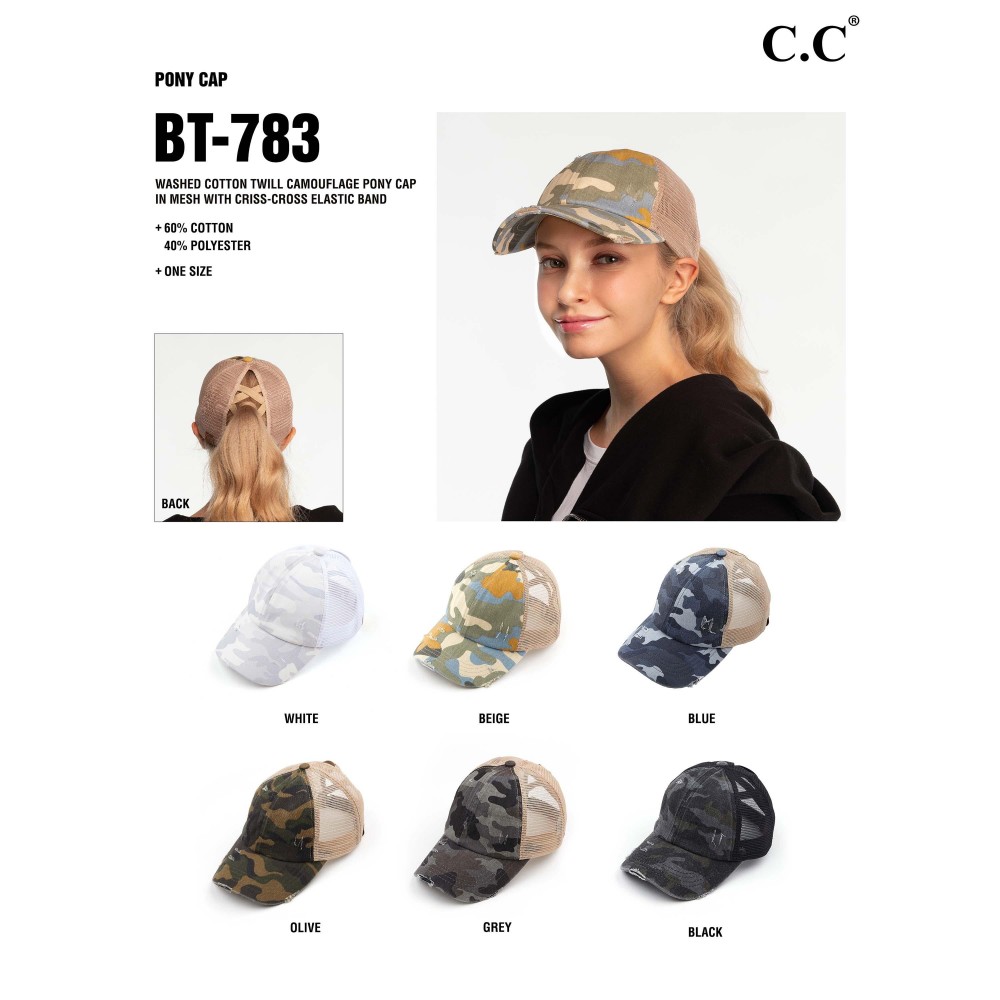 C.C BT-783 Vintage Distressed Camouflage Criss-Cross High PonyTail Cap with Mesh Back. - Elastic Criss Cross Back Feature - Can Be Worn Multiple Ways - Adjustable Velcro Closure - One size fits most - 60% Cotton / 40% Polyester view 4