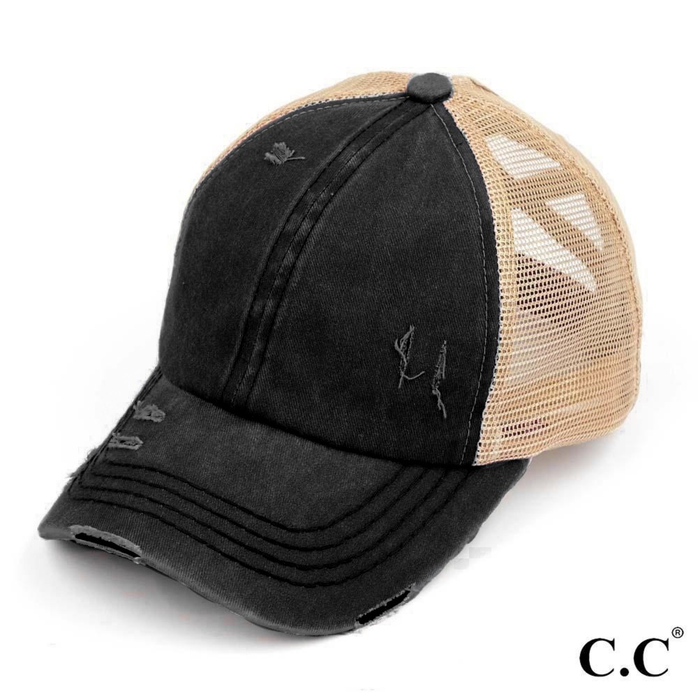 C.C BT-780 Distressed Criss-Cross Pony Cap - One Size Fits Most - Criss-Cross Pony Tail Opening - Adjustable Velcro Closure - 60% Cotton 40% Polyester view 2