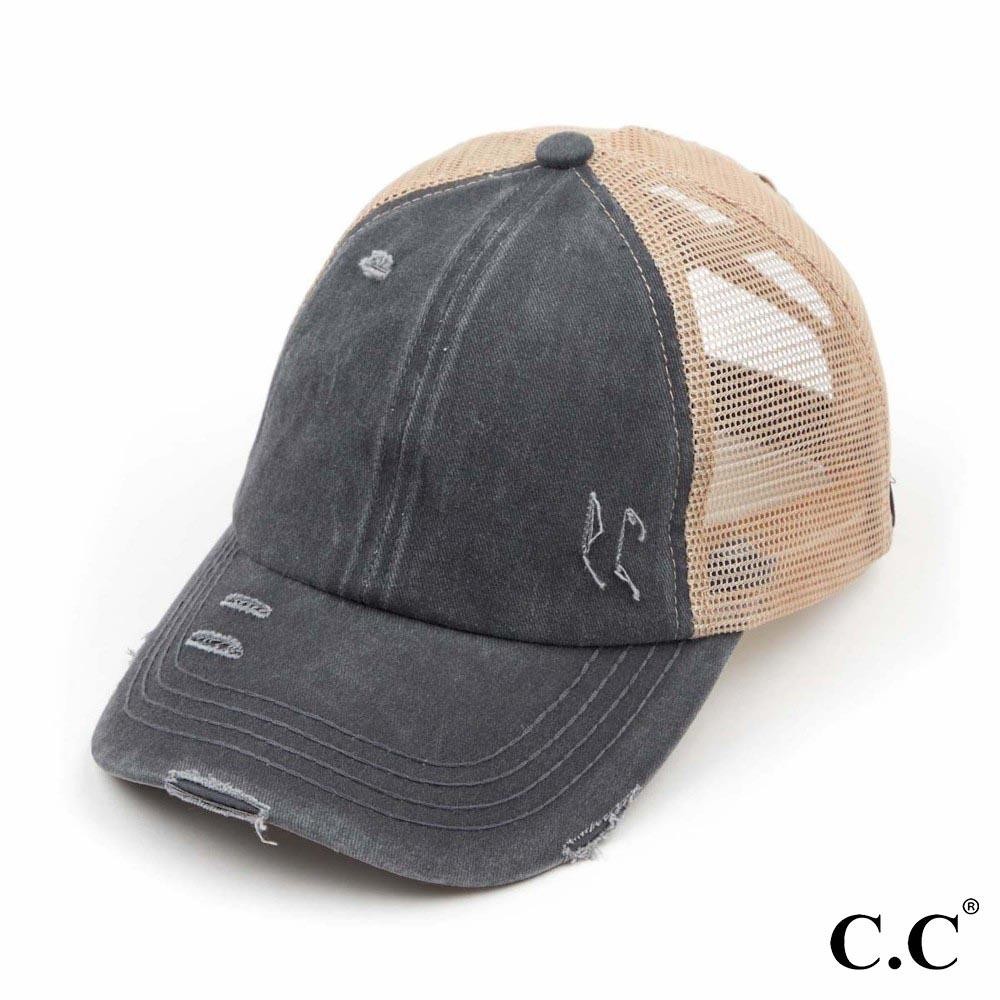 C.C BT-780 Distressed Criss-Cross Pony Cap - One Size Fits Most - Criss-Cross Pony Tail Opening - Adjustable Velcro Closure - 60% Cotton 40% Polyester view 2