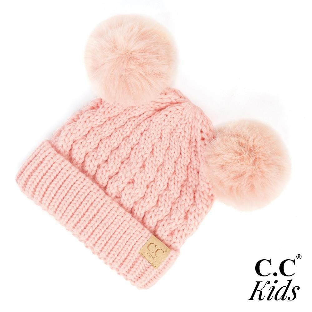 C.C KIDS-2055-S Kids Solid Cable Knit Double Pom Beanie. - One size fits most - 100% Acrylic - POM: 100% Faux Fur view 2