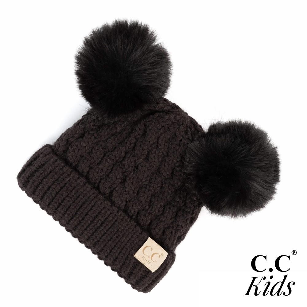 C.C KIDS-2055-S Kids Solid Cable Knit Double Pom Beanie. - One size fits most - 100% Acrylic - POM: 100% Faux Fur view 2