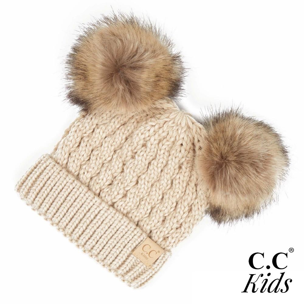 C.C KIDS-2055 Kids Cable Knit Double Faux Fur Pom Beanie. - One size fits most - 100% Acrylic view 2