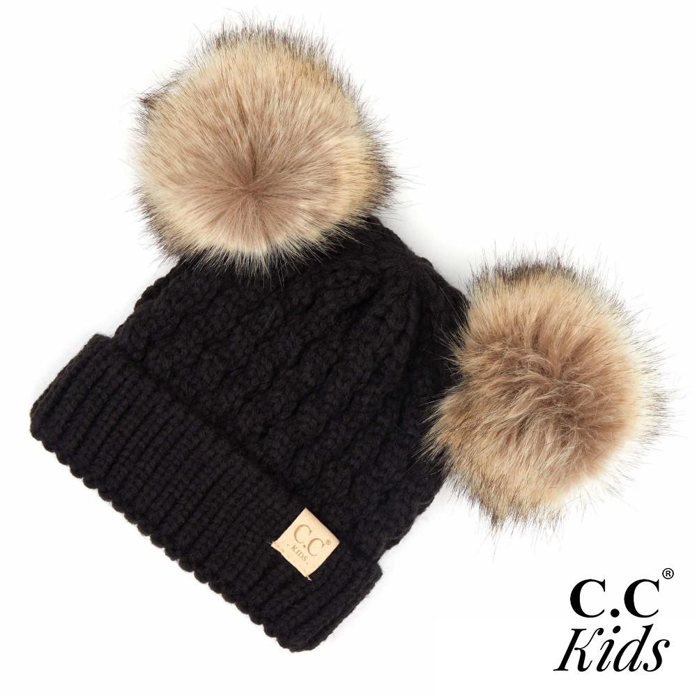 C.C KIDS-2055 Kids Cable Knit Double Faux Fur Pom Beanie. - One size fits most - 100% Acrylic view 2