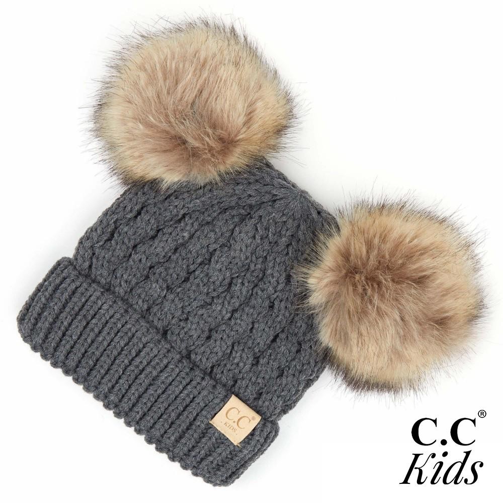C.C KIDS-2055 Kids Cable Knit Double Faux Fur Pom Beanie. - One size fits most - 100% Acrylic view 2