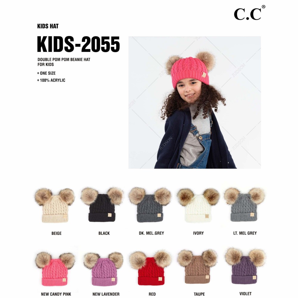 C.C KIDS-2055 Kids Cable Knit Double Faux Fur Pom Beanie. - One size fits most - 100% Acrylic view 4