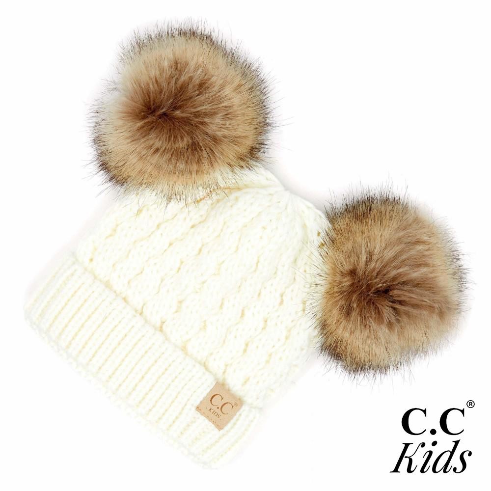 C.C KIDS-2055 Kids Cable Knit Double Faux Fur Pom Beanie. - One size fits most - 100% Acrylic view 2