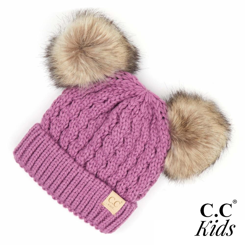 C.C KIDS-2055 Kids Cable Knit Double Faux Fur Pom Beanie. - One size fits most - 100% Acrylic view 2
