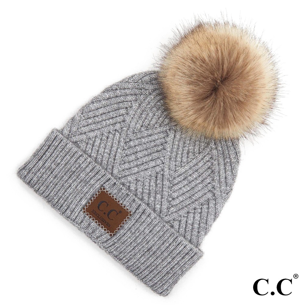 C.C HAT-2060 Diagonal Stripe Knit Pattern Pom Beanie with C.C Brand Leather Patch. - One size fits most - 47% Rayon / 31% PBT / 22% Nylon - POM: 100% Faux Fur view 2