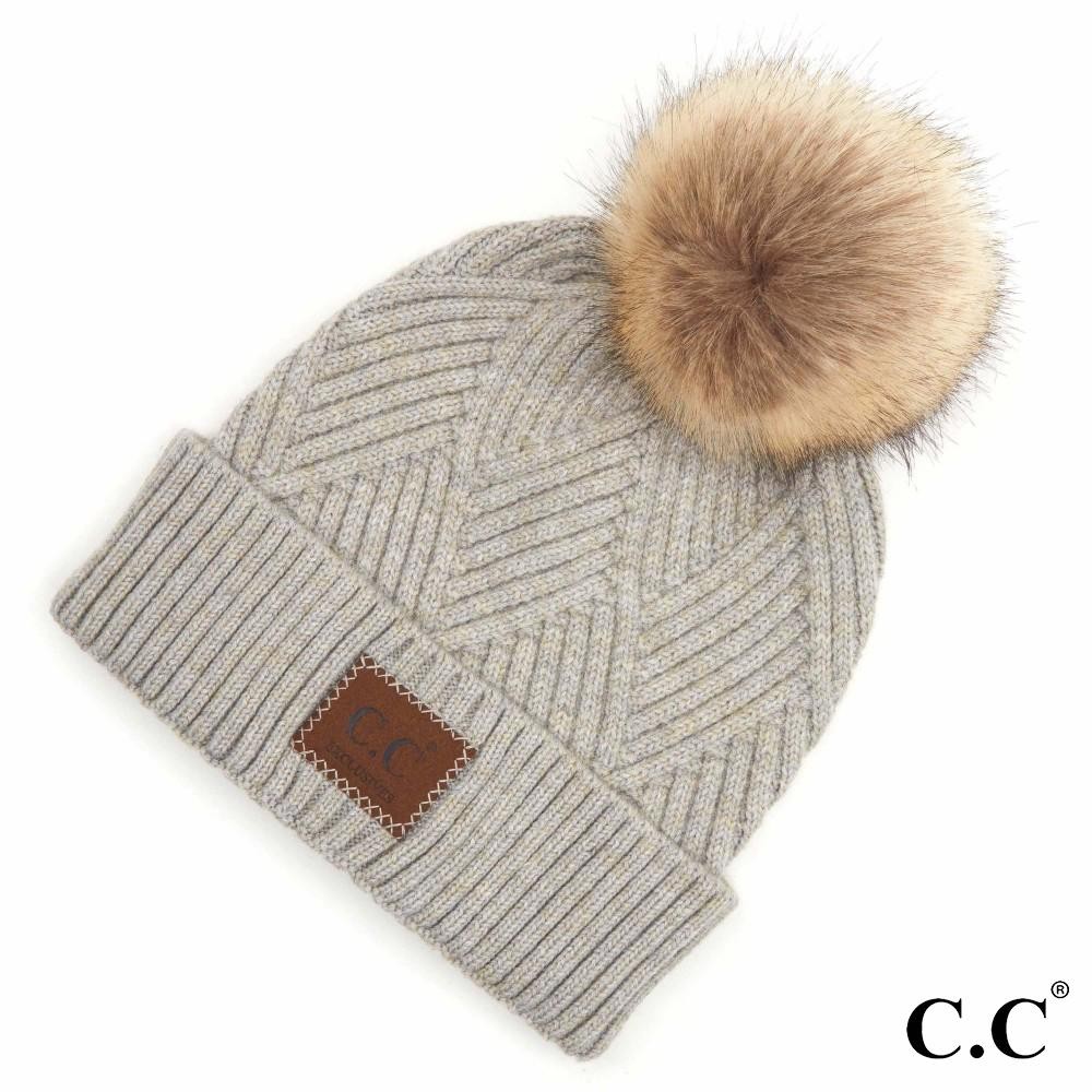 C.C HAT-2060 Diagonal Stripe Knit Pattern Pom Beanie with C.C Brand Leather Patch. - One size fits most - 47% Rayon / 31% PBT / 22% Nylon - POM: 100% Faux Fur view 2