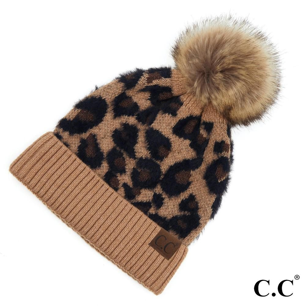 C.C HAT-2061 Leopard Print Beanie With Faux Fur Pom - One Size - 47% Rayon / 31% PBT / 22% Nylon view 2
