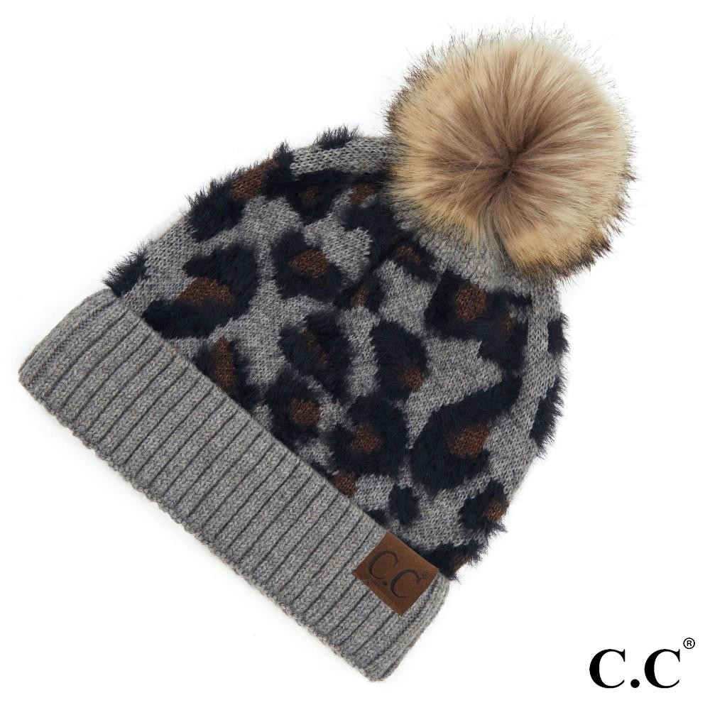 C.C HAT-2061 Leopard Print Beanie With Faux Fur Pom - One Size - 47% Rayon / 31% PBT / 22% Nylon view 2