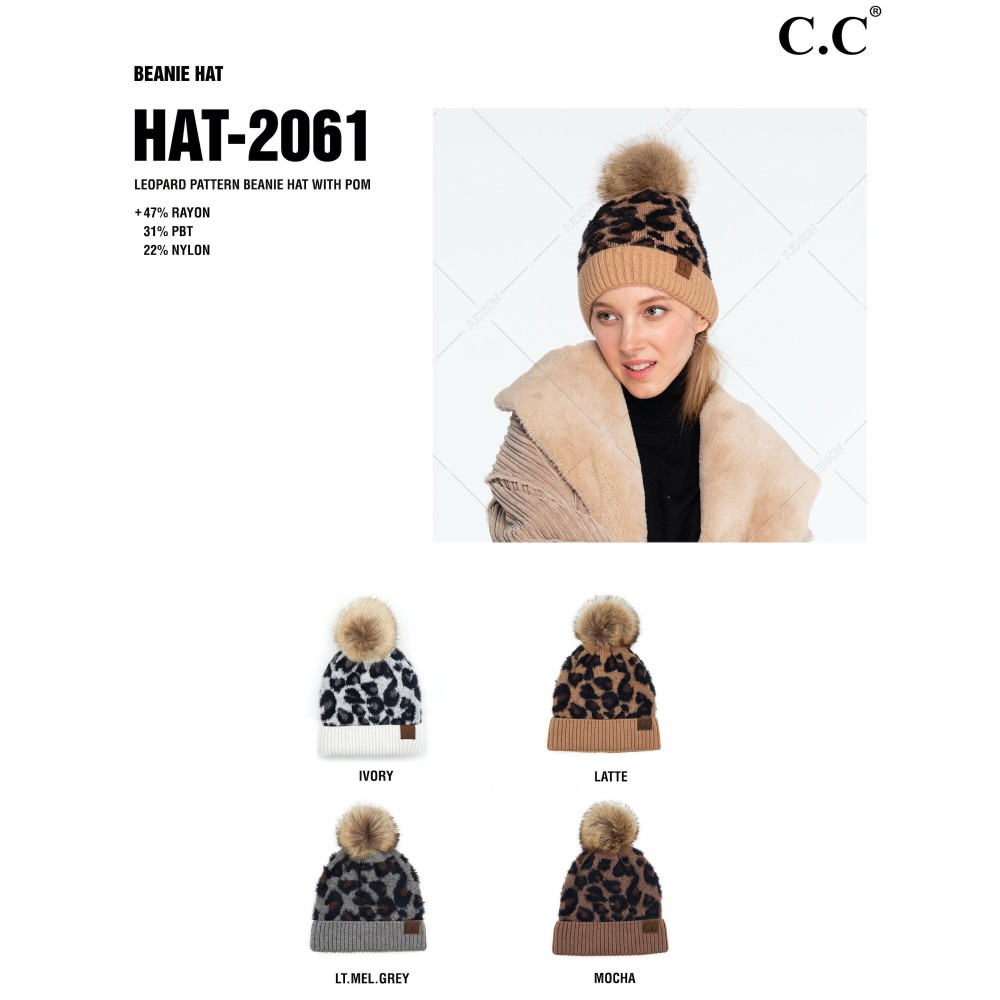 C.C HAT-2061 Leopard Print Beanie With Faux Fur Pom - One Size - 47% Rayon / 31% PBT / 22% Nylon view 4