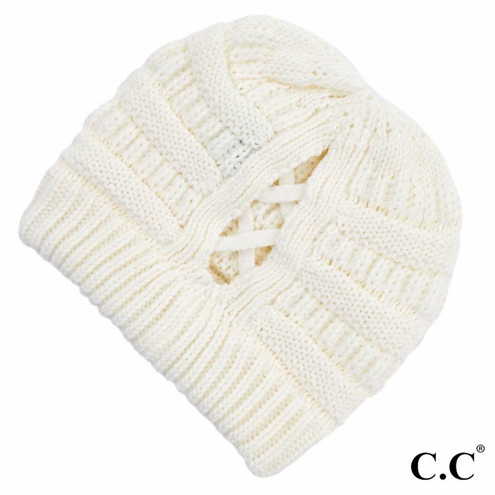 C.C CCB-1 Ribbed Knit Beanie Featuring Criss-Cross Ponytail Detail. - Multiple Ways to Wear - Criss-Cross Ponytail Detail - One size fits most - 100% Acrylic view 2