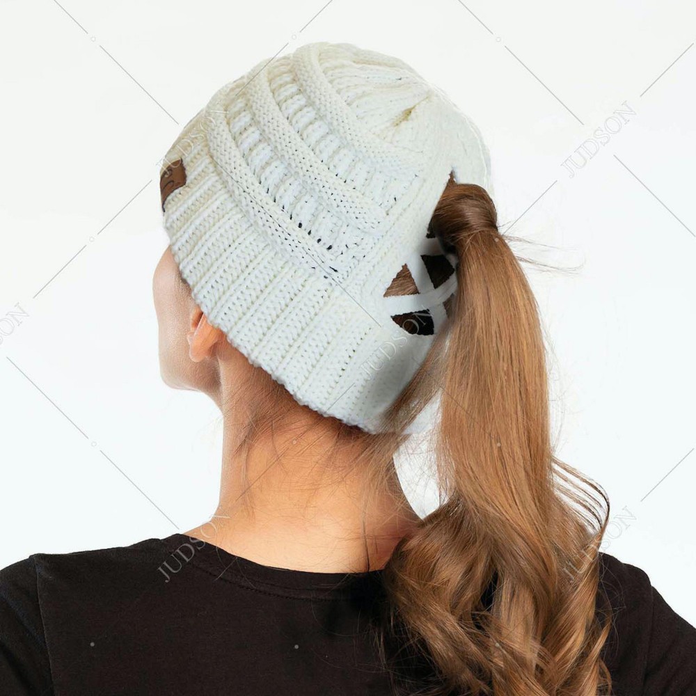 C.C CCB-1 Ribbed Knit Beanie Featuring Criss-Cross Ponytail Detail. - Multiple Ways to Wear - Criss-Cross Ponytail Detail - One size fits most - 100% Acrylic view 4