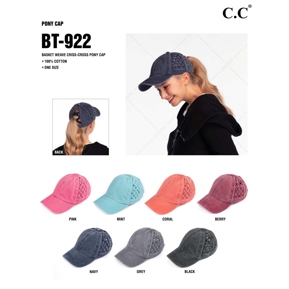 C.C BT-922 Criss Cross Pony Cap Featuring Basket Weave Design On Sides. - One size fits most - Elastic criss cross pony tail opening - Adjustable Velcro Closure - 100% Cotton view 4