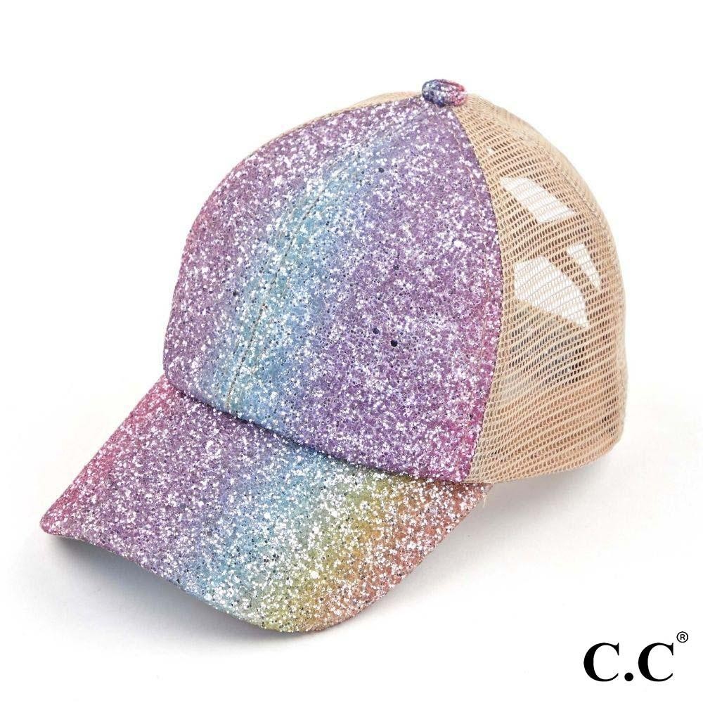 C.C BT-931 Glitter Criss-Cross PonyTail Cap with Mesh Back. - Elastic Criss-Cross Back Feature - Can Be Worn Multiple Ways - Adjustable Velcro Closure - One size fits most - 60% Cotton / 40% Polyester view 2