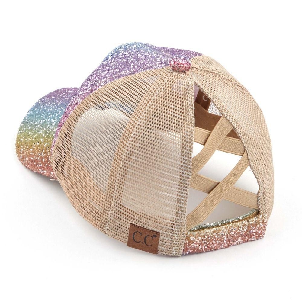 C.C BT-931 Glitter Criss-Cross PonyTail Cap with Mesh Back. - Elastic Criss-Cross Back Feature - Can Be Worn Multiple Ways - Adjustable Velcro Closure - One size fits most - 60% Cotton / 40% Polyester view 4