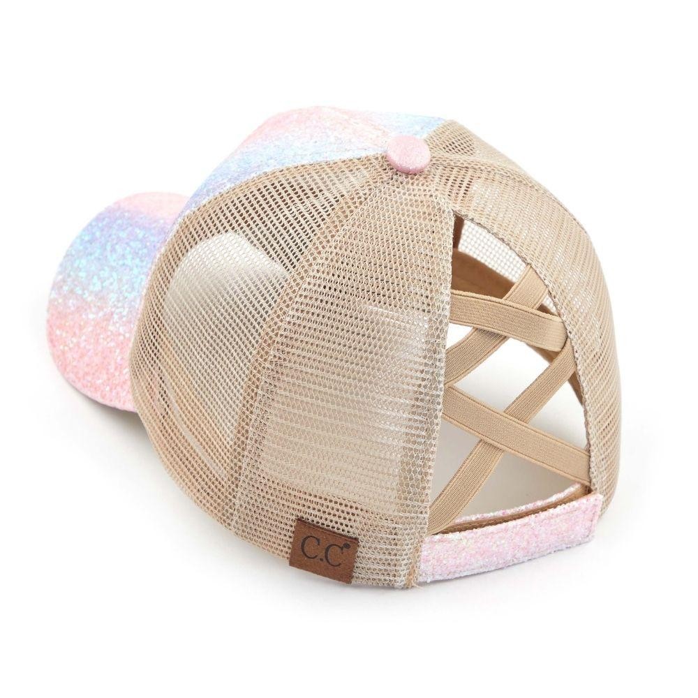 C.C BT-931 Glitter Criss-Cross PonyTail Cap with Mesh Back. - Elastic Criss-Cross Back Feature - Can Be Worn Multiple Ways - Adjustable Velcro Closure - One size fits most - 60% Cotton / 40% Polyester view 4