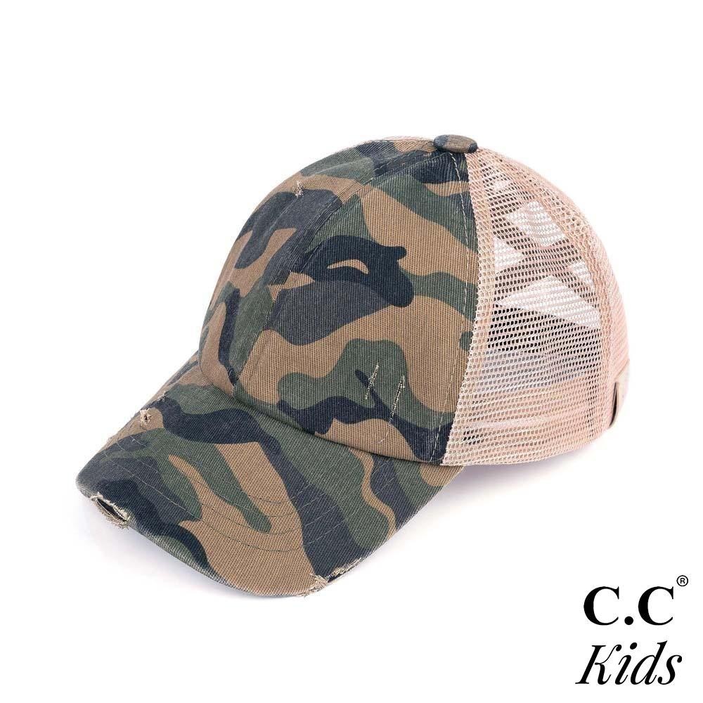 C.C KIDS-BT-783 Vintage Distressed Camouflage Criss-Cross High PonyTail Cap with Mesh Back. - Elastic Criss Cross Back Feature - Can Be Worn Multiple Ways - Adjustable Velcro Closure - One size fits most kids 5-11 - 60% Cotton / 40% Polyester view 2