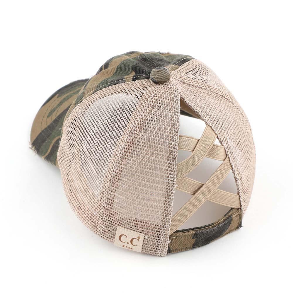 C.C KIDS-BT-783 Vintage Distressed Camouflage Criss-Cross High PonyTail Cap with Mesh Back. - Elastic Criss Cross Back Feature - Can Be Worn Multiple Ways - Adjustable Velcro Closure - One size fits most kids 5-11 - 60% Cotton / 40% Polyester view 4