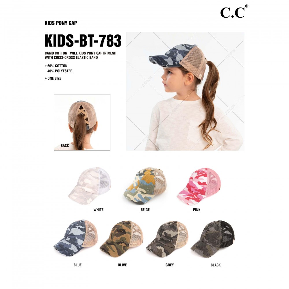 C.C KIDS-BT-783 Vintage Distressed Camouflage Criss-Cross High PonyTail Cap with Mesh Back. - Elastic Criss Cross Back Feature - Can Be Worn Multiple Ways - Adjustable Velcro Closure - One size fits most kids 5-11 - 60% Cotton / 40% Polyester view 6