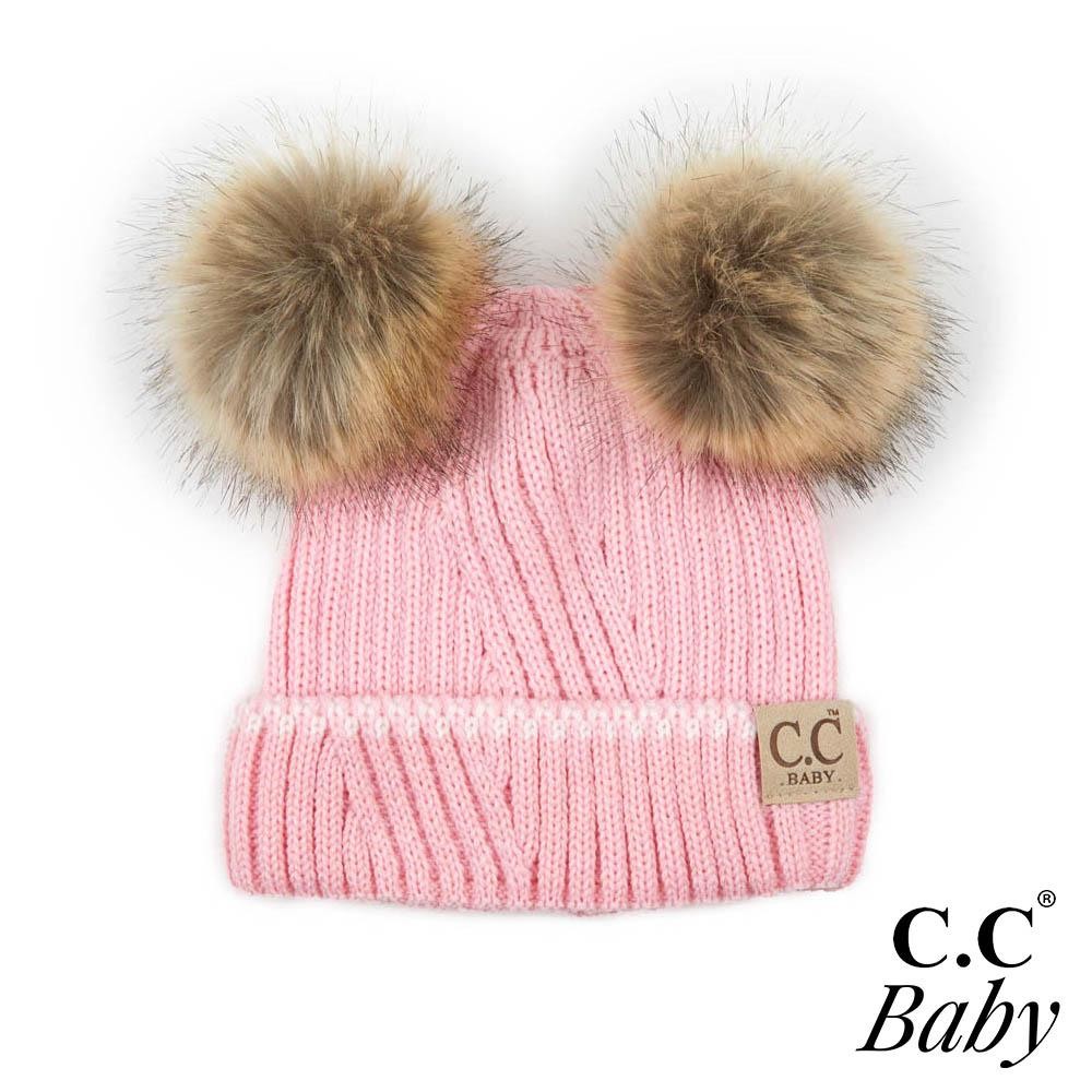 C.C BABY-920 Knit beanie with double faux fur pom pom. -One size fits most: baby -Ivory trim -100% Acrylic view 2