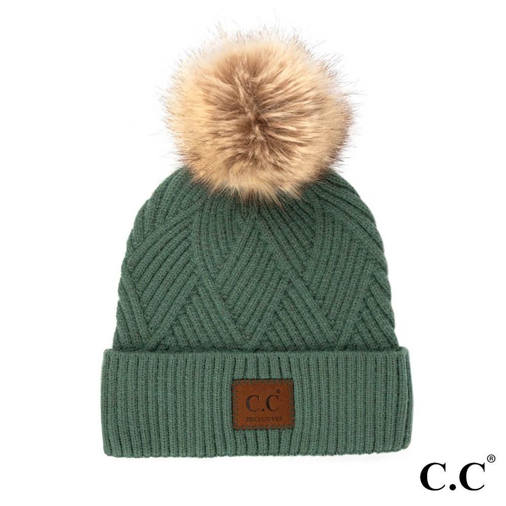 C.C HAT-2060 Diagonal Stripe Knit Pattern Pom Beanie with C.C Brand Leather Patch. - One size fits most - 47% Rayon / 31% PBT / 22% Nylon - POM: 100% Faux Fur view 2