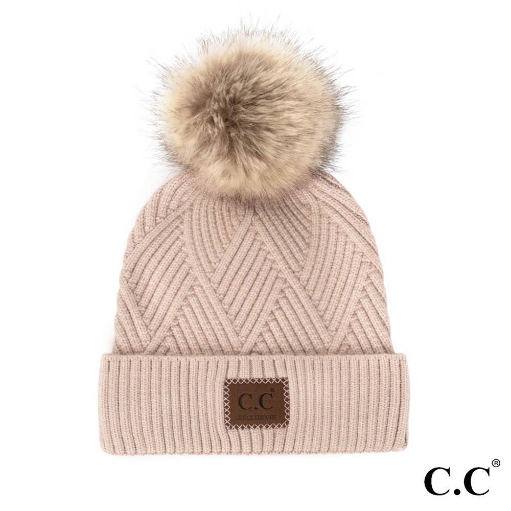 C.C HAT-2060 Diagonal Stripe Knit Pattern Pom Beanie with C.C Brand Leather Patch. - One size fits most - 47% Rayon / 31% PBT / 22% Nylon - POM: 100% Faux Fur view 2