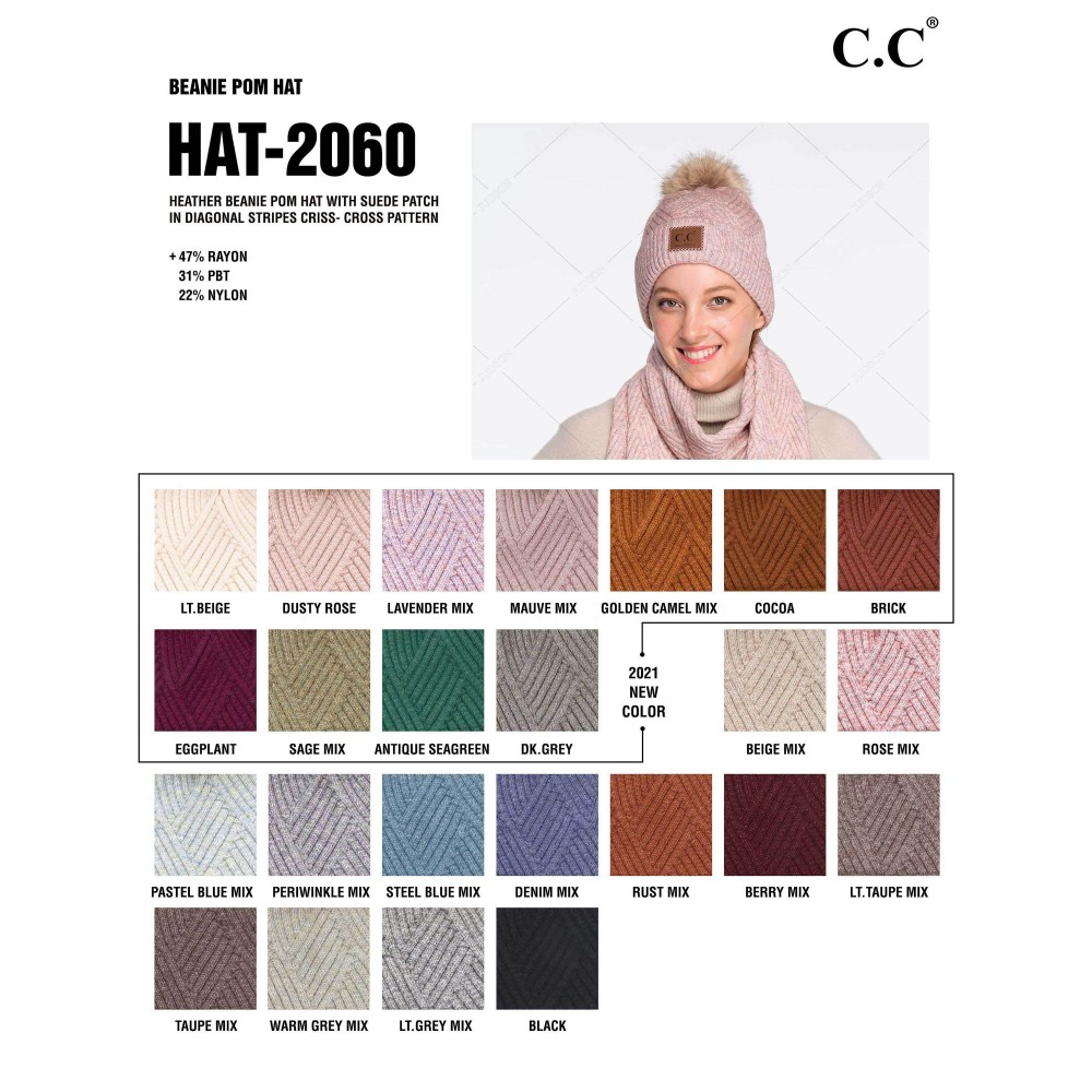 C.C HAT-2060 Diagonal Stripe Knit Pattern Pom Beanie with C.C Brand Leather Patch. - One size fits most - 47% Rayon / 31% PBT / 22% Nylon - POM: 100% Faux Fur view 4
