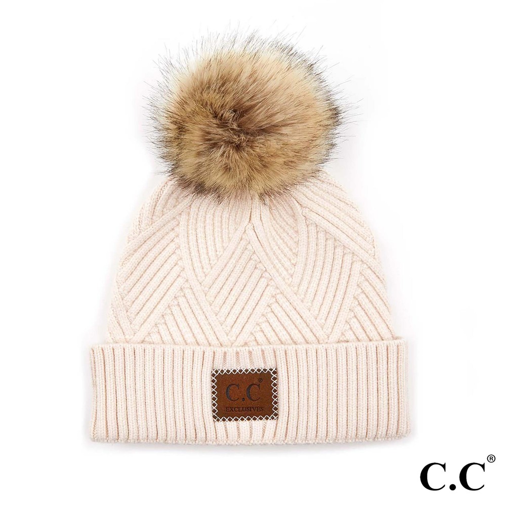 C.C HAT-2060 Diagonal Stripe Knit Pattern Pom Beanie with C.C Brand Leather Patch. - One size fits most - 47% Rayon / 31% PBT / 22% Nylon - POM: 100% Faux Fur view 2