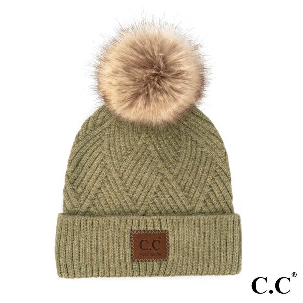 C.C HAT-2060 Diagonal Stripe Knit Pattern Pom Beanie with C.C Brand Leather Patch. - One size fits most - 47% Rayon / 31% PBT / 22% Nylon - POM: 100% Faux Fur view 2