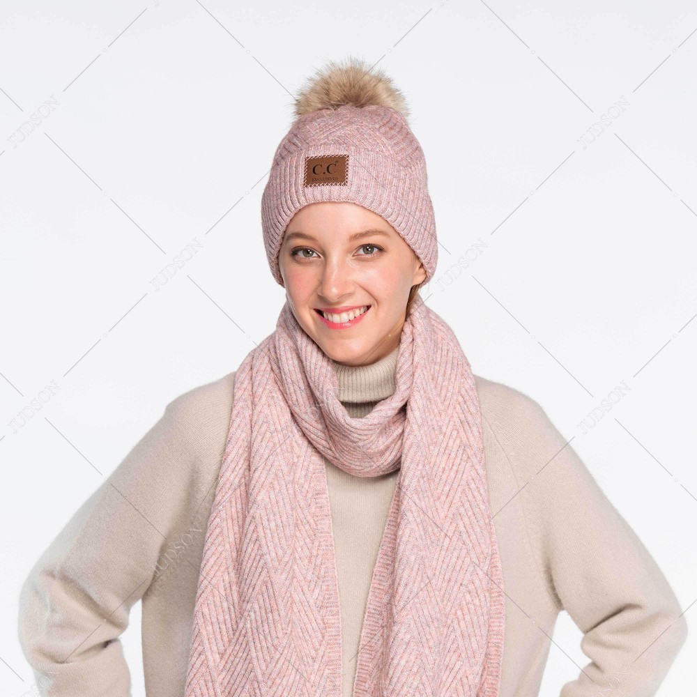 C.C HAT-2060 Diagonal Stripe Knit Pattern Pom Beanie with C.C Brand Leather Patch. - One size fits most - 47% Rayon / 31% PBT / 22% Nylon - POM: 100% Faux Fur view 6