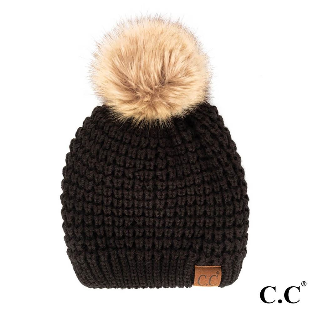 C.C HAT-2071 Waffle Stitch Pattern Beanie with Faux Fur Pom - One Size Fits Most - 100% Acrylic view 2