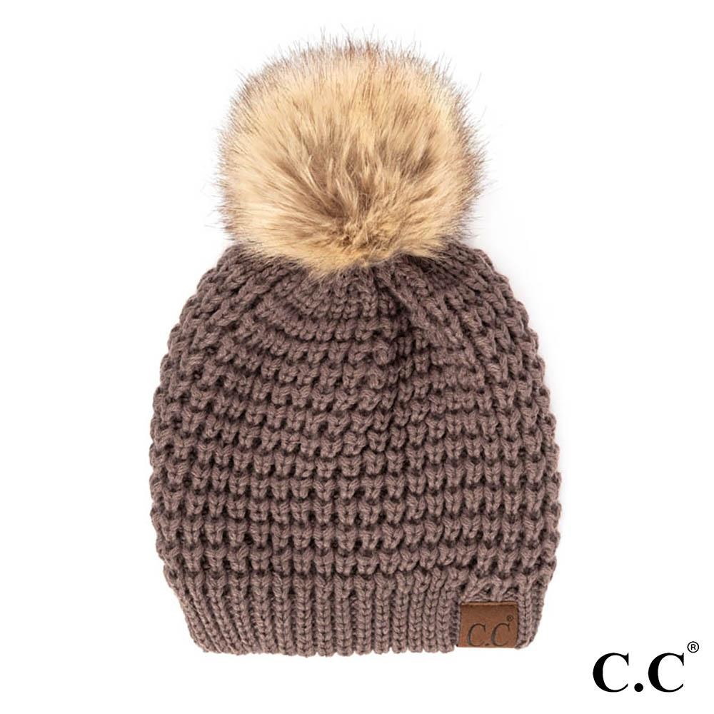 C.C HAT-2071 Waffle Stitch Pattern Beanie with Faux Fur Pom - One Size Fits Most - 100% Acrylic view 2