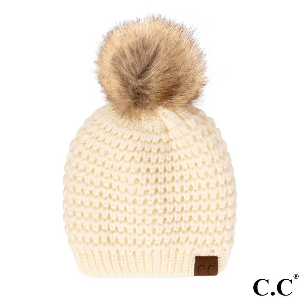 C.C HAT-2071 Waffle Stitch Pattern Beanie with Faux Fur Pom - One Size Fits Most - 100% Acrylic view 2
