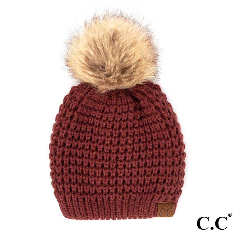 C.C HAT-2071 Waffle Stitch Pattern Beanie with Faux Fur Pom - One Size Fits Most - 100% Acrylic view 2