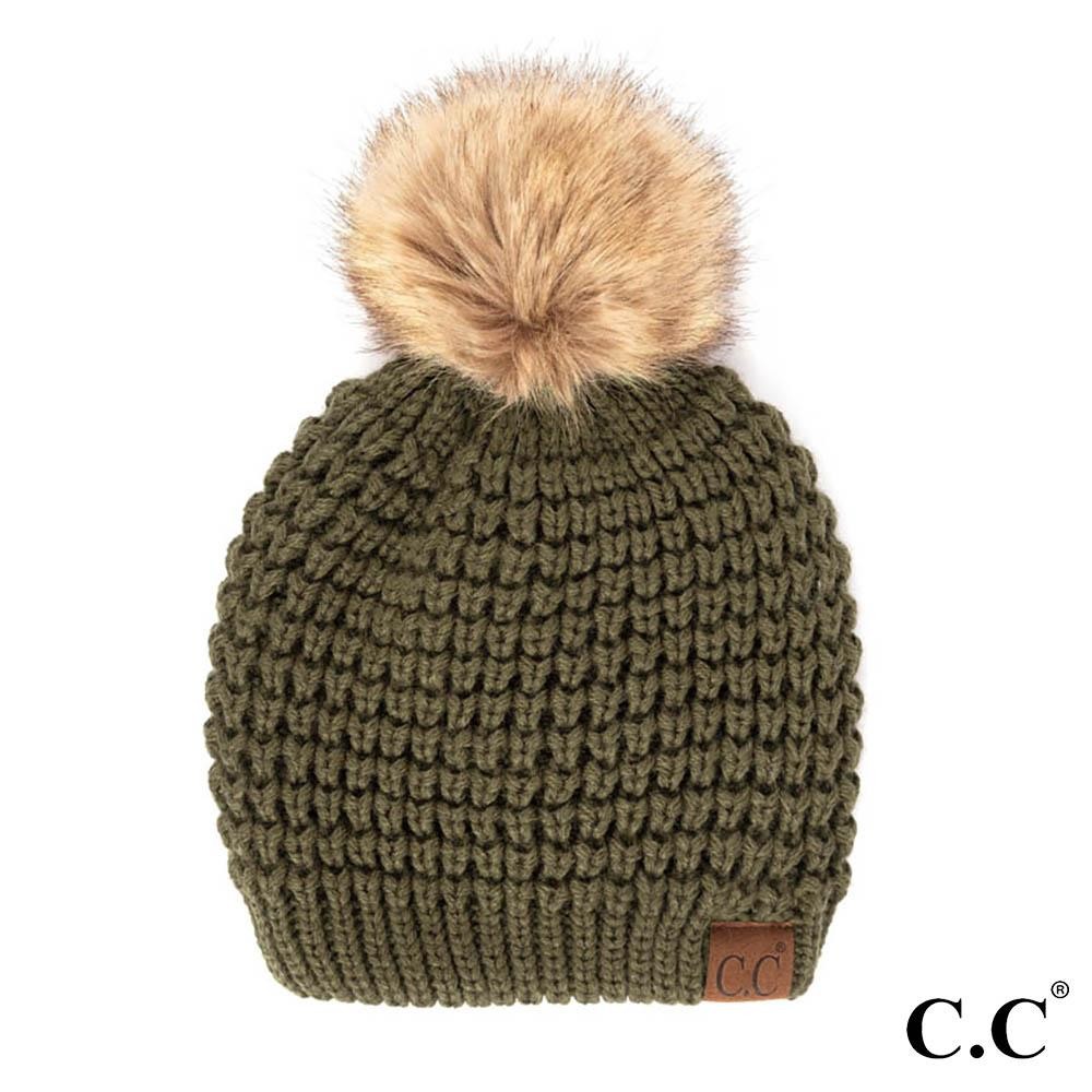 C.C HAT-2071 Waffle Stitch Pattern Beanie with Faux Fur Pom - One Size Fits Most - 100% Acrylic view 2