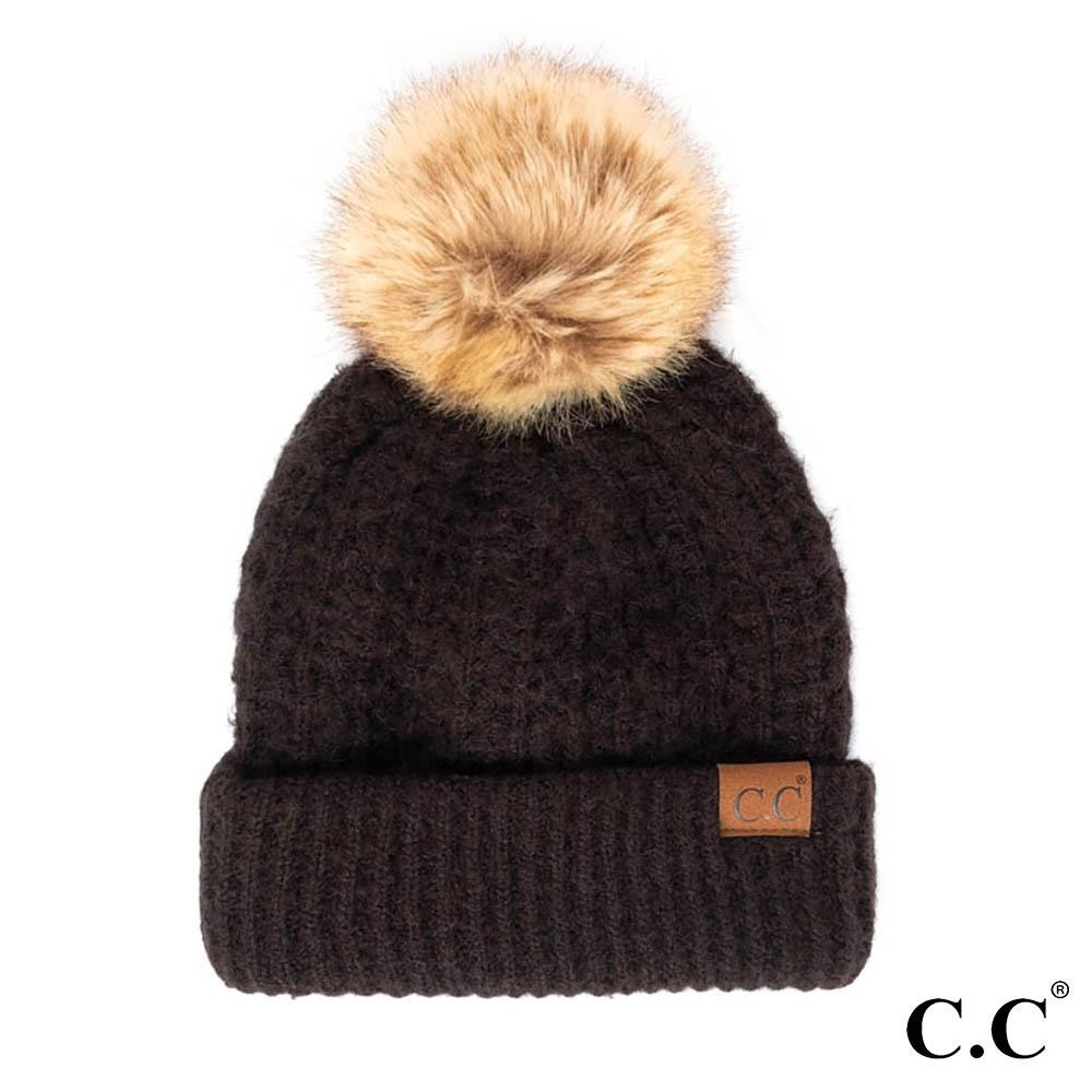 C.C HAT-2080 Smocking Stitch Pattern Beanie with Faux Fur Pom - One Size Fits Most - 100% Acrylic view 2